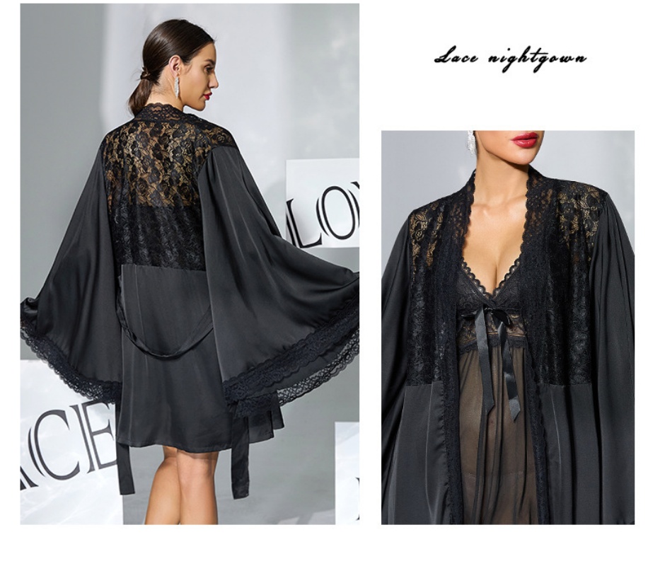 Womens Satin Lace Robe and Babydoll Nightgown Set - Sensual Chemise Sleepwear